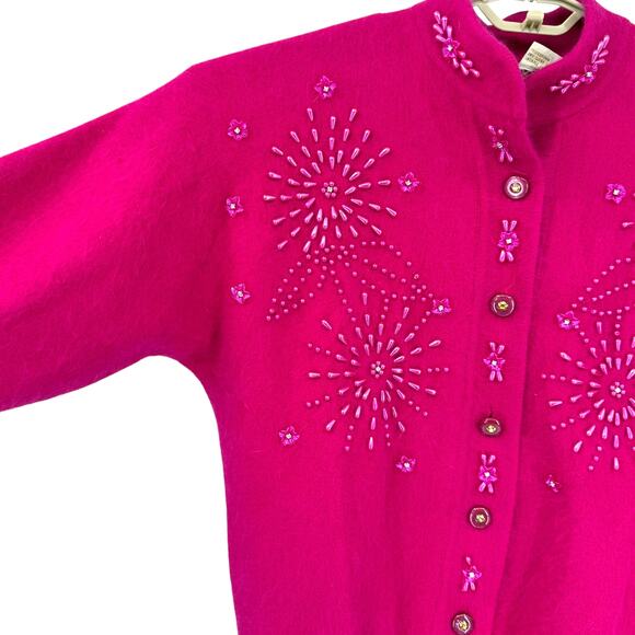 Belldini Vintage Sweater Jacket Lined Hot Pink Sparkle Beads Angora Size Large - Picture 3 of 7